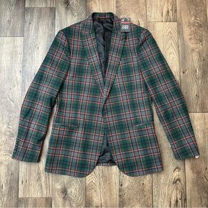 JF J Ferrar Sports Coat Slim Suit Jacket Men's Sz L 42/44 Long Plaid Red Green